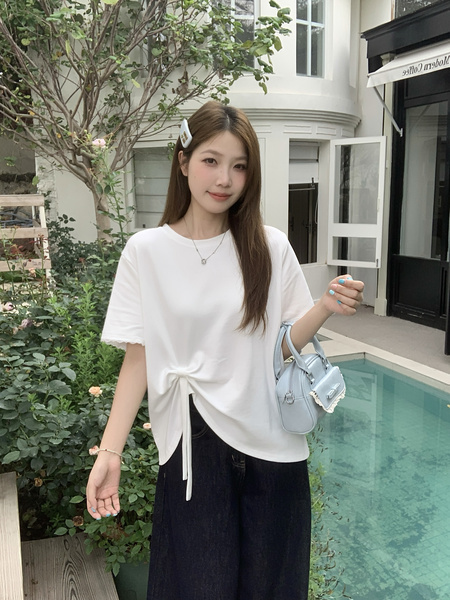 Real Shot of the New 2025 Summer Korean Version of the Navy Collar Loose Cartoon Print Versatile Short-Sleeved T-Shirt for Women in White
