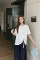Real Shot of the New 2025 Summer Korean Version of the Navy Collar Loose Cartoon Print Versatile Short-Sleeved T-Shirt for Women in White