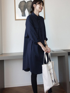 Spring and autumn new Korean style long-sleeved white shirt women's medium-length loose and slim shirt dress versatile casual top trend - Navy Blue