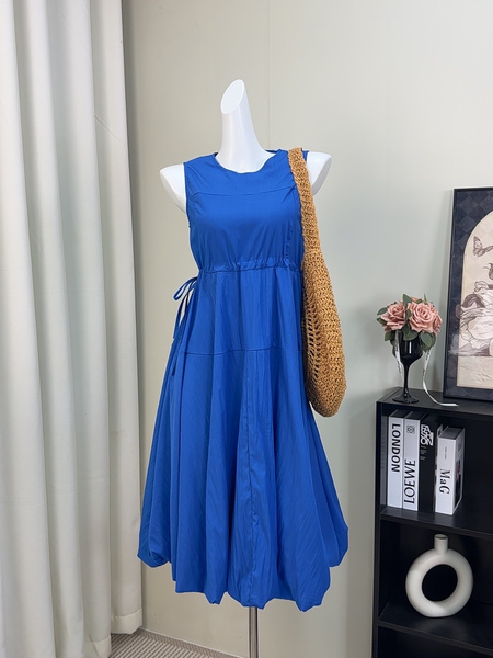 Canned Shiduo 'Oxygen Ramble' Blue Round Neck Sleeveless Adjustable Drawstring Vest Dress Bud Skirt - Bright Blue
