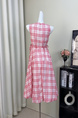 Canned Shiduo 'Oxygen Ramble' Red and White Checked Round Neck Sleeveless Adjustable Drawstring Vest Dress Bud Skirt