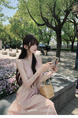 Bigking Daikin Nice Holiday Pink Sling Dress Women's Summer V-neck Tight Waist Fishbone Dress in Light Pink