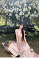 Bigking Daikin Nice Holiday Pink Sling Dress Women's Summer V-neck Tight Waist Fishbone Dress in Light Pink