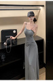 2025 Summer New Twist Design Sense Inspirational Design Slimming Knitted Sling Dress Women's Chest Pad Slimming Dress in Gray