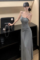 2025 Summer New Twist Design Sense Inspirational Design Slimming Knitted Sling Dress Women's Chest Pad Slimming Dress in Gray
