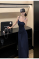 2025 Summer New Twist Design Sense Inspirational Design Slimming Knitted Sling Dress Women's Chest Pad Slimming Dress in Navy Blue