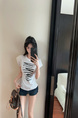 Real Shot Cost-Effective Design Sense Decorative Open-Line Back Hollow-out Cinched Slimming Versatile Short Sleeve T-shirt Top Women in White