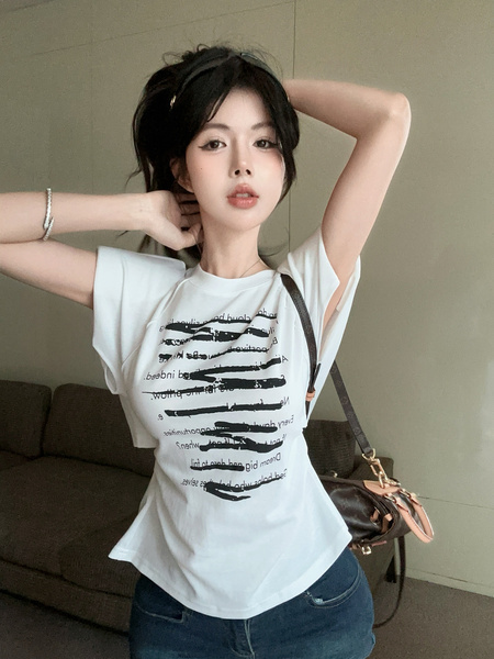 Real Shot Cost-Effective Design Sense Decorative Open-Line Back Hollow-out Cinched Slimming Versatile Short Sleeve T-shirt Top Women in White