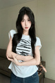 Real Shot Cost-Effective Design Sense Decorative Open-Line Back Hollow-out Cinched Slimming Versatile Short Sleeve T-shirt Top Women in White