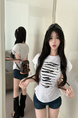 Real Shot Cost-Effective Design Sense Decorative Open-Line Back Hollow-out Cinched Slimming Versatile Short Sleeve T-shirt Top Women in White