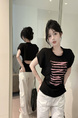 Real Shot Cost-Effective Design Sense Decorative Open-Line Back Hollow-out Cinched Slimming Versatile Short Sleeve T-shirt Top Women in Black