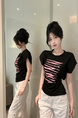 Real Shot Cost-Effective Design Sense Decorative Open-Line Back Hollow-out Cinched Slimming Versatile Short Sleeve T-shirt Top Women in Black