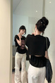 Real Shot Cost-Effective Design Sense Decorative Open-Line Back Hollow-out Cinched Slimming Versatile Short Sleeve T-shirt Top Women in Black