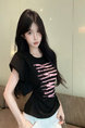 Real Shot Cost-Effective Design Sense Decorative Open-Line Back Hollow-out Cinched Slimming Versatile Short Sleeve T-shirt Top Women in Black