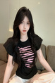 Real Shot Cost-Effective Design Sense Decorative Open-Line Back Hollow-out Cinched Slimming Versatile Short Sleeve T-shirt Top Women in Black