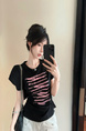 Real Shot Cost-Effective Design Sense Decorative Open-Line Back Hollow-out Cinched Slimming Versatile Short Sleeve T-shirt Top Women in Black