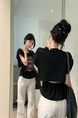 Real Shot Cost-Effective Design Sense Decorative Open-Line Back Hollow-out Cinched Slimming Versatile Short Sleeve T-shirt Top Women in Black