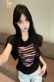 Real Shot Cost-Effective Design Sense Decorative Open-Line Back Hollow-out Cinched Slimming Versatile Short Sleeve T-shirt Top Women in Black
