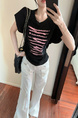 Real Shot Cost-Effective Design Sense Decorative Open-Line Back Hollow-out Cinched Slimming Versatile Short Sleeve T-shirt Top Women in Black