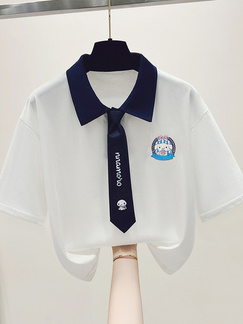 Siloy Real Shot 2025 University Style Color Matching Polo Collar Short Sleeve Tie Simple T-shirt Slimming Pullover Top in White and Navy Blue