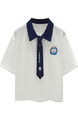 Siloy Real Shot 2025 University Style Color Matching Polo Collar Short Sleeve Tie Simple T-shirt Slimming Pullover Top in White and Navy Blue