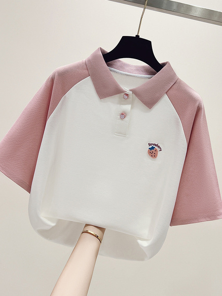 Real Shot White and Pink Raglan Sleeve Short Sleeve T-shirt Women's Summer Western Style Youthful-Looking Loose Polo Collar Color Contrast Patchwork Top Ins