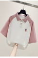 Real Shot White and Pink Raglan Sleeve Short Sleeve T-shirt Women's Summer Western Style Youthful-Looking Loose Polo Collar Color Contrast Patchwork Top Ins