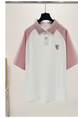 Real Shot White and Pink Raglan Sleeve Short Sleeve T-shirt Women's Summer Western Style Youthful-Looking Loose Polo Collar Color Contrast Patchwork Top Ins