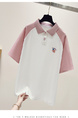 Real Shot White and Pink Raglan Sleeve Short Sleeve T-shirt Women's Summer Western Style Youthful-Looking Loose Polo Collar Color Contrast Patchwork Top Ins