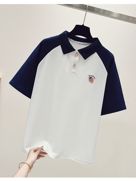 Real Shot White and Navy Blue Raglan Sleeve Short Sleeve T-shirt Women's Summer Western Style Youthful-Looking Loose Polo Collar Color Contrast Patchwork Top Ins