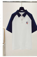 Real Shot White and Navy Blue Raglan Sleeve Short Sleeve T-shirt Women's Summer Western Style Youthful-Looking Loose Polo Collar Color Contrast Patchwork Top Ins