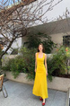 High Quality and Quality! French Style Bright Yellow Knitted Sleeveless Vest Camisole Dress Summer Temperament Waist-Controlled Sheath Dress