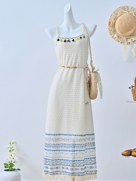 National Holiday Wind Tassel Lace Suspender Dress Female Summer 2025 New Style Slit Hollow Layered Blouse Dress in Cream White