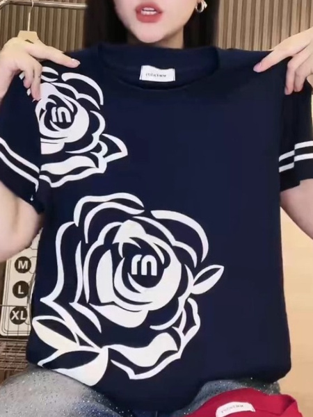 Short-sleeved women's 2025 summer new round neck niche flower letter design T-shirt straight tube slim all-match top trend in Navy Blue and White