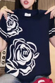 Short-sleeved women's 2025 summer new round neck niche flower letter design T-shirt straight tube slim all-match top trend in Navy Blue and White