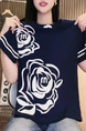 Short-sleeved women's 2025 summer new round neck niche flower letter design T-shirt straight tube slim all-match top trend in Navy Blue and White