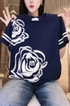 Short-sleeved women's 2025 summer new round neck niche flower letter design T-shirt straight tube slim all-match top trend in Navy Blue and White
