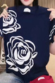 Short-sleeved women's 2025 summer new round neck niche flower letter design T-shirt straight tube slim all-match top trend in Navy Blue and White