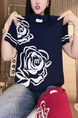 Short-sleeved women's 2025 summer new round neck niche flower letter design T-shirt straight tube slim all-match top trend in Navy Blue and White
