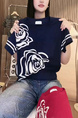 Short-sleeved women's 2025 summer new round neck niche flower letter design T-shirt straight tube slim all-match top trend in Navy Blue and White
