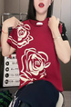 Short-sleeved women's 2025 summer new round neck niche flower letter design T-shirt straight tube slim all-match top trend in Burgundy and Cream