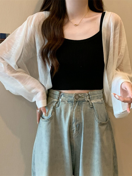 Real Shot Wholesale Price 2025 Summer New Korean Style Solid Color Breathable Cardigan Sunscreen Small Jacket Tops for Women in White