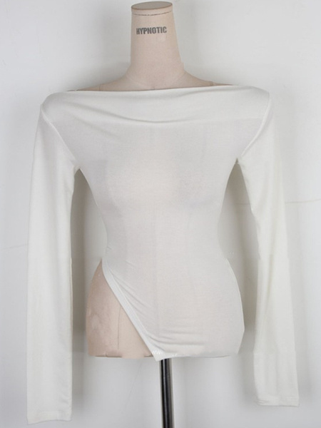 South Korea's Dongdaemun Spring and Summer New Temperament One-Shoulder Heart-Shaped Gangnam Beauty Shows the Figure and Can Be Exposed Shoulder Long-Sleeved T-Shirt in White