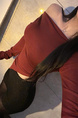 South Korea's Dongdaemun Spring and Summer New Temperament One-Shoulder Heart-Shaped Gangnam Beauty Shows the Figure and Can Be Exposed Shoulder Long-Sleeved T-Shirt in Burgundy