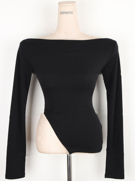 South Korea's Dongdaemun Spring and Summer New Temperament One-Shoulder Heart-Shaped Gangnam Beauty Shows the Figure and Can Be Exposed Shoulder Long-Sleeved T-Shirt in Black
