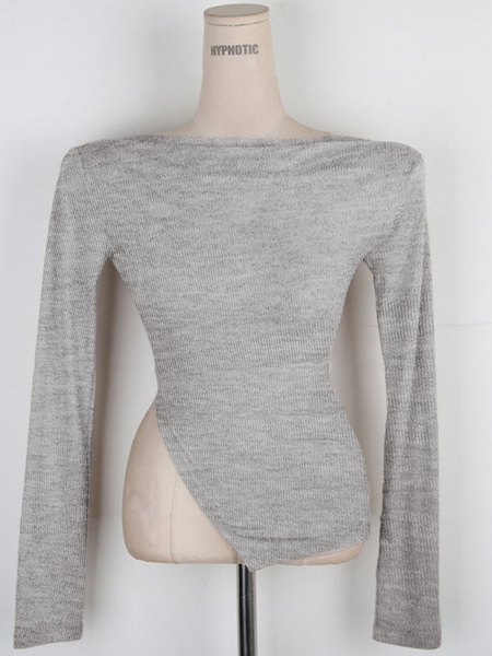 South Korea's Dongdaemun Spring and Summer New Temperament One-Shoulder Heart-Shaped Gangnam Beauty Shows the Figure and Can Be Exposed Shoulder Long-Sleeved T-Shirt in Gray