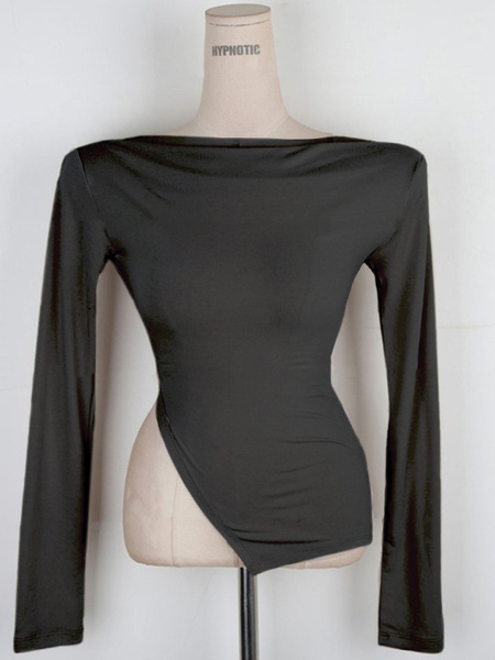 South Korea's Dongdaemun Spring and Summer New Temperament One-Shoulder Heart-Shaped Gangnam Beauty Shows the Figure and Can Be Exposed Shoulder Long-Sleeved T-Shirt in Black