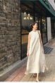 Light Beige South Korea Dongdaemun Solid Color Big Swing Versatile Mesh Cotton and Linen Sleeveless Slit Dress Vest Dress with Pockets and Belt