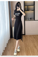 Black Real Shot Lace-Up Dress Pony Letter Waist Slimming Mid-Length T-Shirt Dress Women Summer