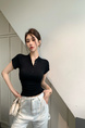 Real Shot Summer Korean-Style Slim-Fit Raglan Button Pleated Design Slimming Short-Sleeved Women's Solid Color Top T-shirt in Black